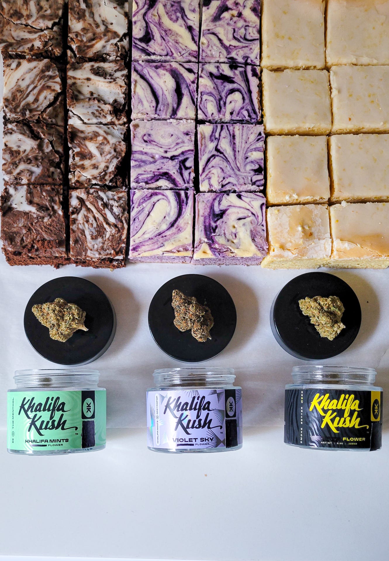 peppermint, ube and lemon brownies with Khalifa Kush
