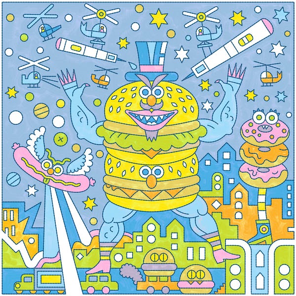 A cartoon showing a battle between weight-loss drugs and unhealthy foods.