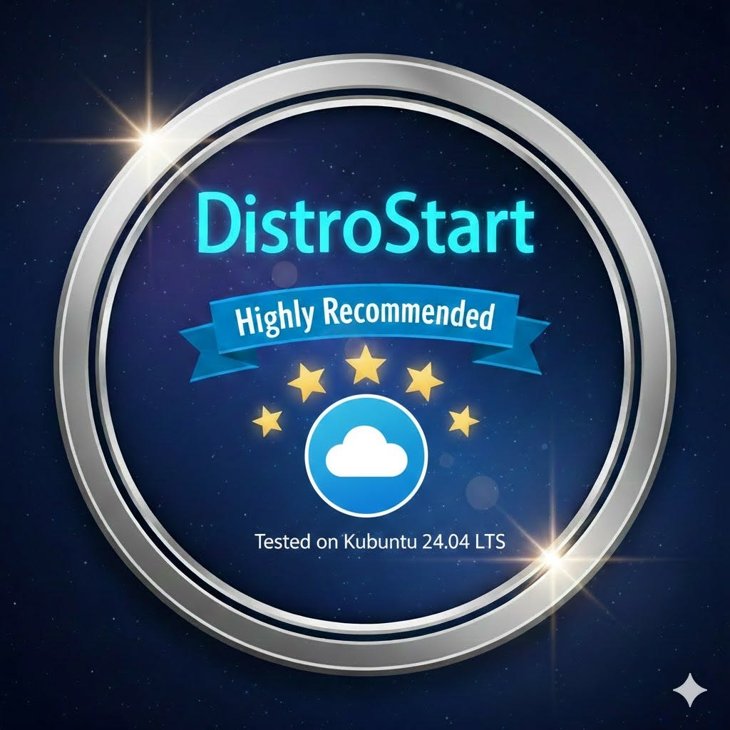 DistroStart Highly Recommended badge for pCloud, tested on Kubuntu 24.04 LTS, showing a 4 out of 5 star overall rating.