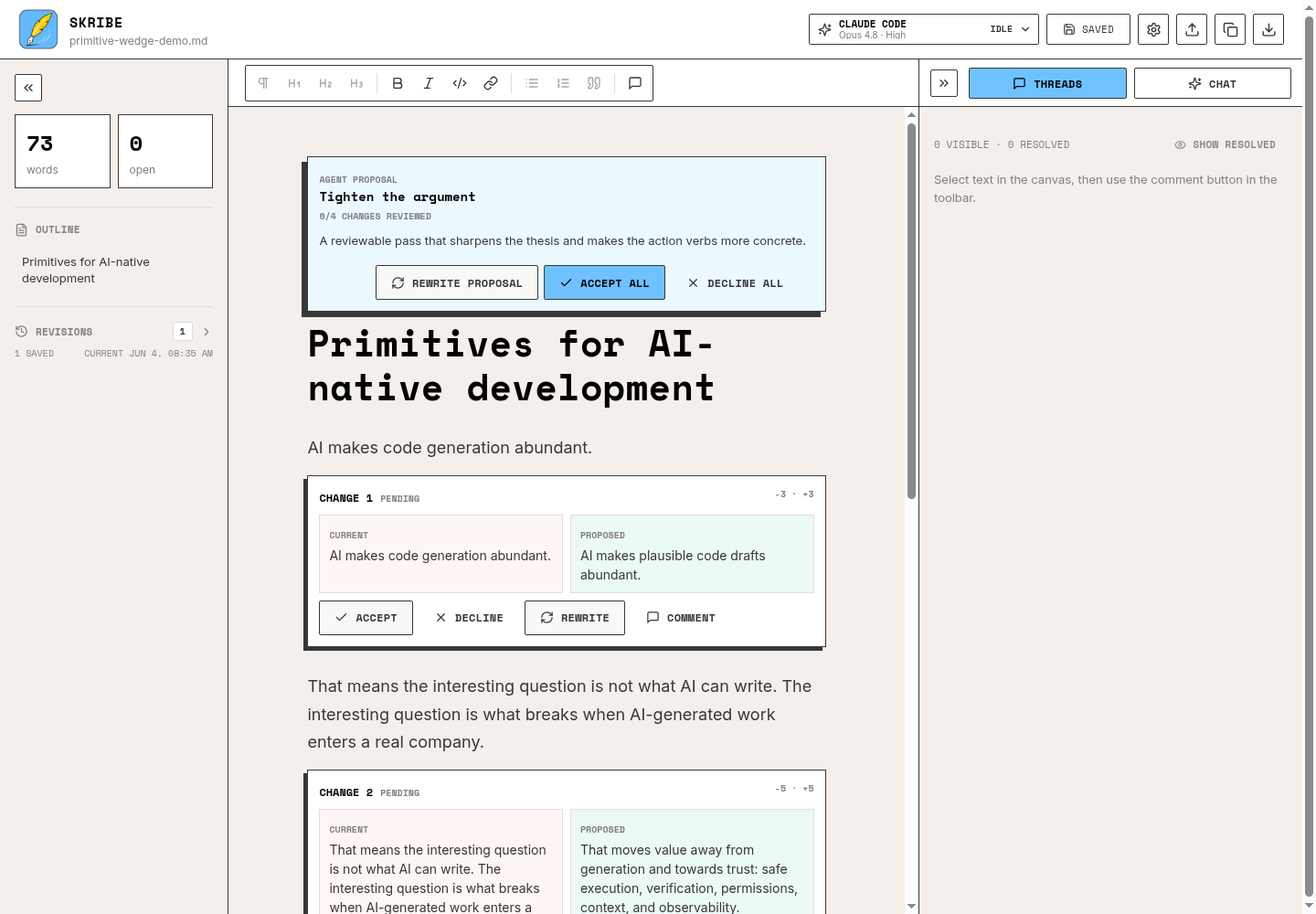 Skribe diff review: proposed changes shown inline with accept, decline, rewrite and comment actions
