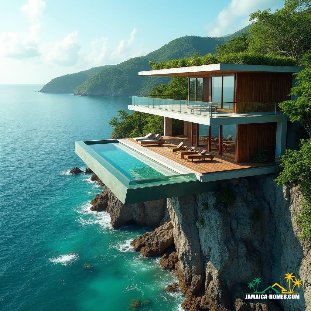 A sleek, ultra-modern villa, perched precariously on the rugged cliffs of Ocho Rios, Jamaica, with a breathtaking cantilevered infinity pool that appears to defy gravity, floating effortlessly above the radiant turquoise Caribbean Sea. Floor-to-ceiling glass walls dissolve the boundaries between indoors and outdoors, offering unobstructed panoramic views of the ocean's horizon. The innovative architecture seamlessly integrates cutting-edge smart home technology, self-sustaining solar panels, and a lush rooftop garden overflowing with vibrant tropical greenery. A serene private waterfall cascades gently into a natural rock pool below, creating a surreal ambiance. Captured in the style of cinematographers like Emmanuel Lubezki, Roger Deakins, and Hoyte van Hoytema, with the warmth and texture of 35mm film, evoking the grandeur of cinematic film stills, complete with subtle film grain, vignette, and nuanced color grading, elevated by post-processing techniques to evoke an atmospheric, epic, and dramatic visual masterpiece.