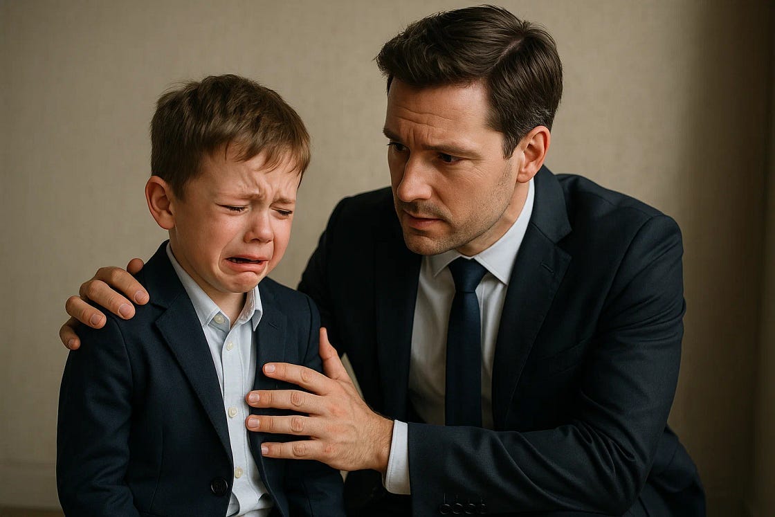 A man in a suit comforts a young boy who is crying uncontrollably while also wearing formal clothes. The man places a hand on the boy’s shoulder and chest, showing concern and emotional support. The setting is neutral and serious, symbolizing a moment of emotional distress, vulnerability, or trauma being met with empathy.