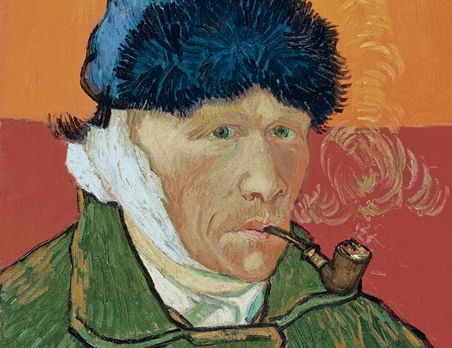 Van Gogh's selfportrait featuring his bandaged ear and a lit pipe in his mouth