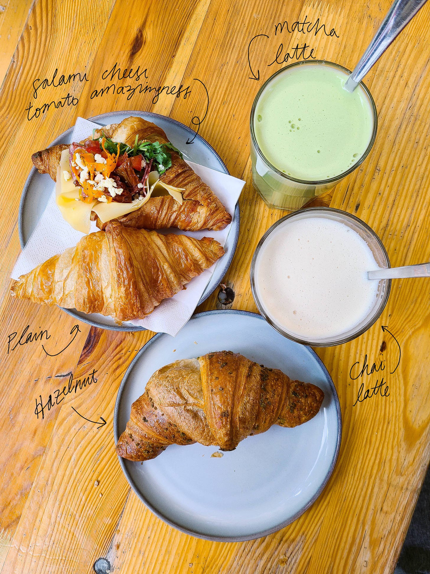 Croissanterie order: plain croissant, savory open-face croissant, hazelnut croissant, matcha & chai latte