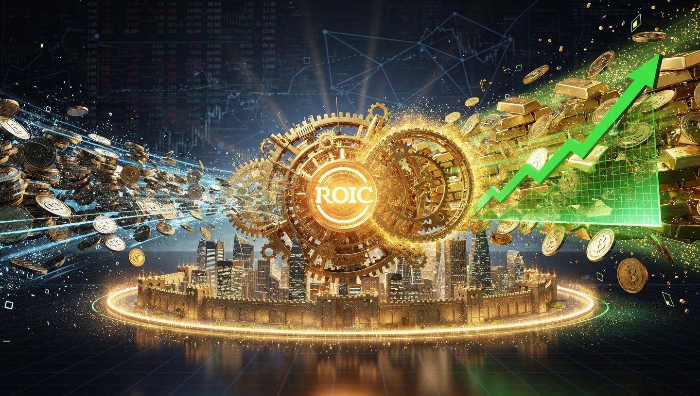 A wide header image, cinematic digital art style. A glowing, complex golden engine mechanism sits at the center of a futuristic financial data landscape. On the left, a stream of raw capital (coins and blue data light flows) flows into the engine. From the right side of the engine, a much larger, explosive stream of gold bars, glowing coins, and upward-trending green financial growth charts bursts forth, forming a protective circular 'moat' of light around a fortified, growing city of wealth in the background. The glowing letters 'ROIC' are integrated centrally into the core of the golden engine. The background is a blurred expanse of stock market tickers and global data connections. The color palette dominated by deep blues, vibrant golds, and emerald greens. High detail, dramatic lighting. Aspect ratio 16:9. A wide header image, cinematic digital art style. A glowing, complex golden engine mechanism sits at the center of a futuristic financial data landscape. On the left, a stream of raw capital (coins and blue data light flows) flows into the engine. From the right side of the engine, a much larger, explosive stream of gold bars, glowing coins, and upward-trending green financial growth charts bursts forth, forming a protective circular 'moat' of light around a fortified, growing city of wealth in the background. The glowing letters 'ROIC' are integrated centrally into the core of the golden engine. The background is a blurred expanse of stock market tickers and global data connections. The color palette dominated by deep blues, vibrant golds, and emerald greens. High detail, dramatic lighting. Aspect ratio 16:9.