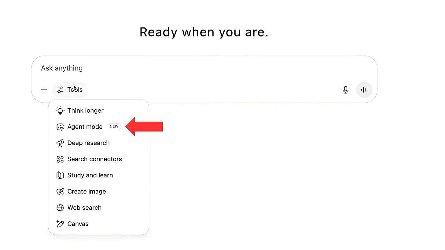 Screenshot of ChatGPT’s new Agent Mode, shown in the Tools dropdown menu with a red arrow pointing to it. This feature lets ChatGPT handle complex multi-step tasks on its own—like pulling data, creating reports, or doing research—while you focus on other work.