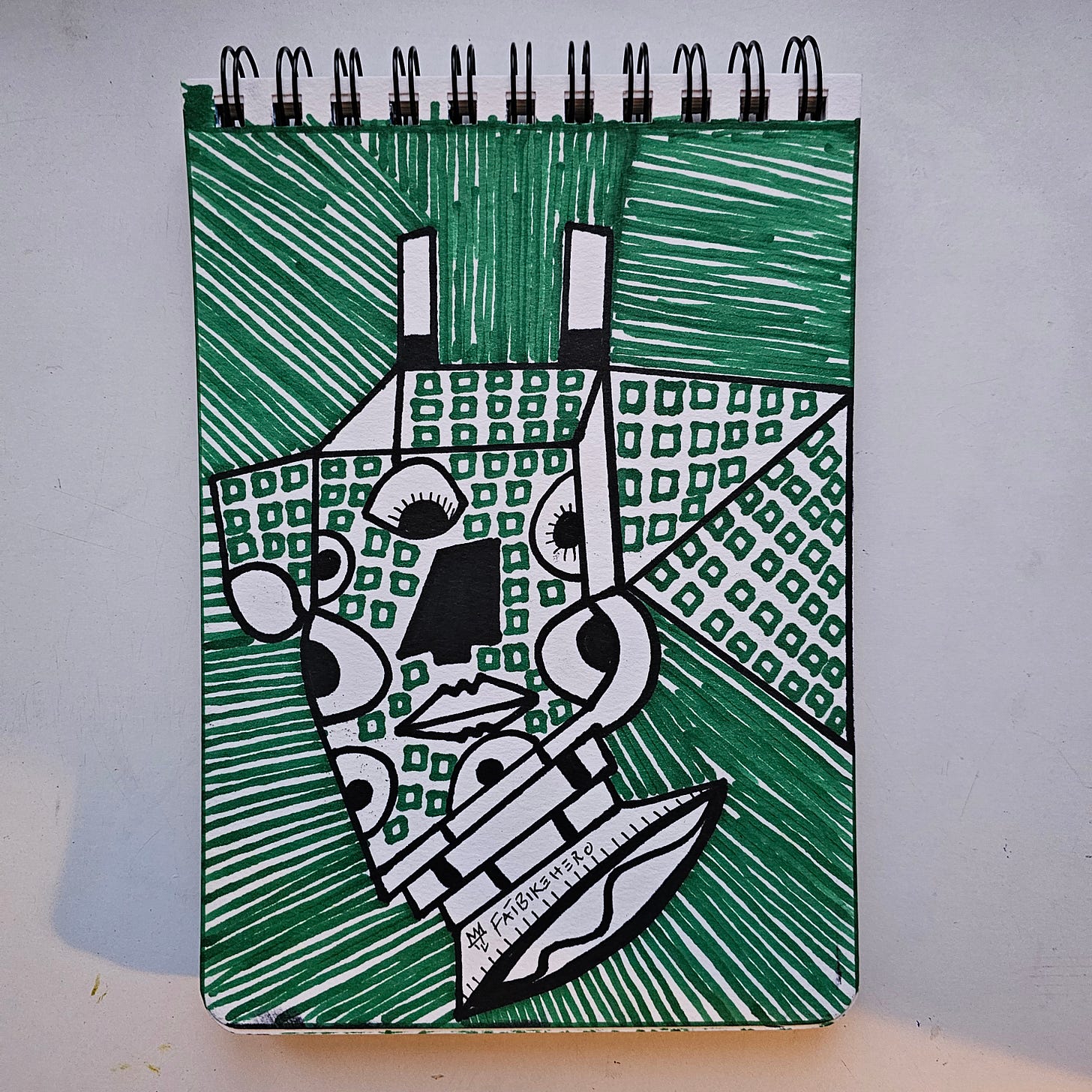 Abstract ink and marker drawing 'Ganja Girraffe' by FatbikeHero, featuring a green geometric giraffe face with cubist elements and linear background Abstract ink and marker drawing 'Ganja Girraffe' by FatbikeHero, featuring a green geometric giraffe face with cubist elements and linear background