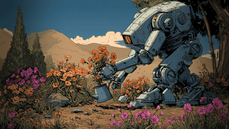 A robotic machine gardening in a vibrant flower field with mountains in the background.
