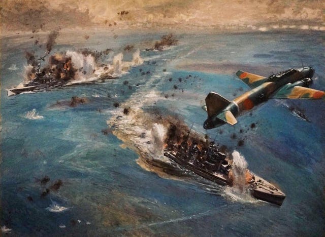r/WarshipPorn - "The Sinking of Prince of Wales and Repulse", Oil Painting by Kenichi Nakamura, 1942. [1228 x 898]