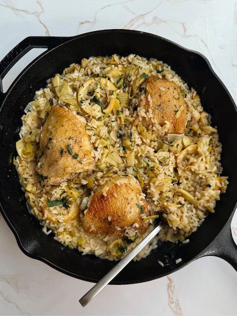 One-Pot Creamy Lemon Leek & Artichoke Chicken & Rice