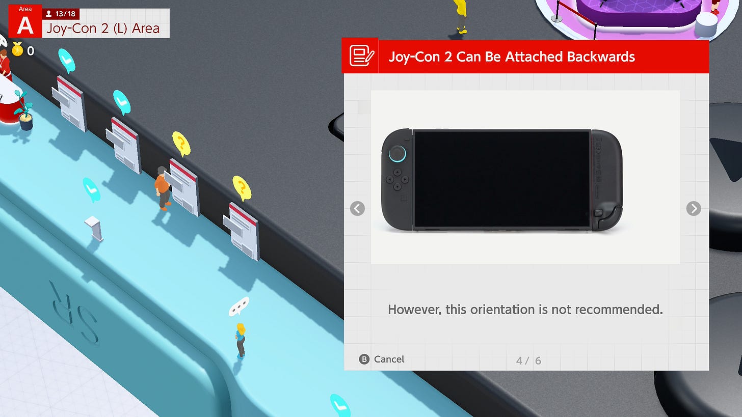 Video game screenshot showing a Switch 2 with one of its Joy-Con controllers attached upside down