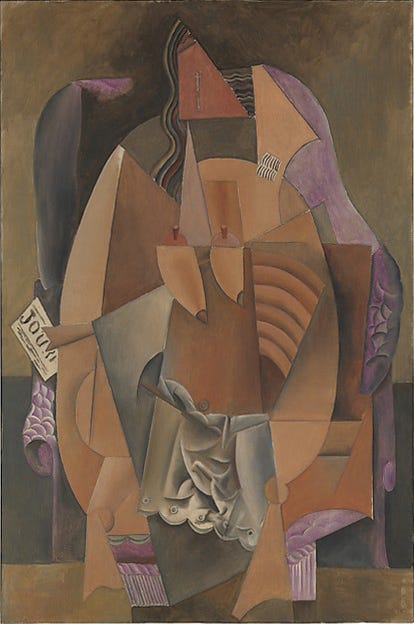 Abstract cubist painting depicting a seated figure composed of geometric shapes in brown and earth tones, with a small text reading 'Jou'. *Femme assise dans un fauteuil (Eva)* (1913) by Pablo Picasso, Metropolitan Museum of Art via [Wikimedia](https://en.wikipedia.org/wiki/Pablo_Picasso#/media/File:Pablo_Picasso,_1913-14,_Woman_in_a_Chemise_in_an_Armchair,_oil_on_canvas,_149.9_x_99.4_cm,_Metropolitan_Museum_of_Art.jpg)