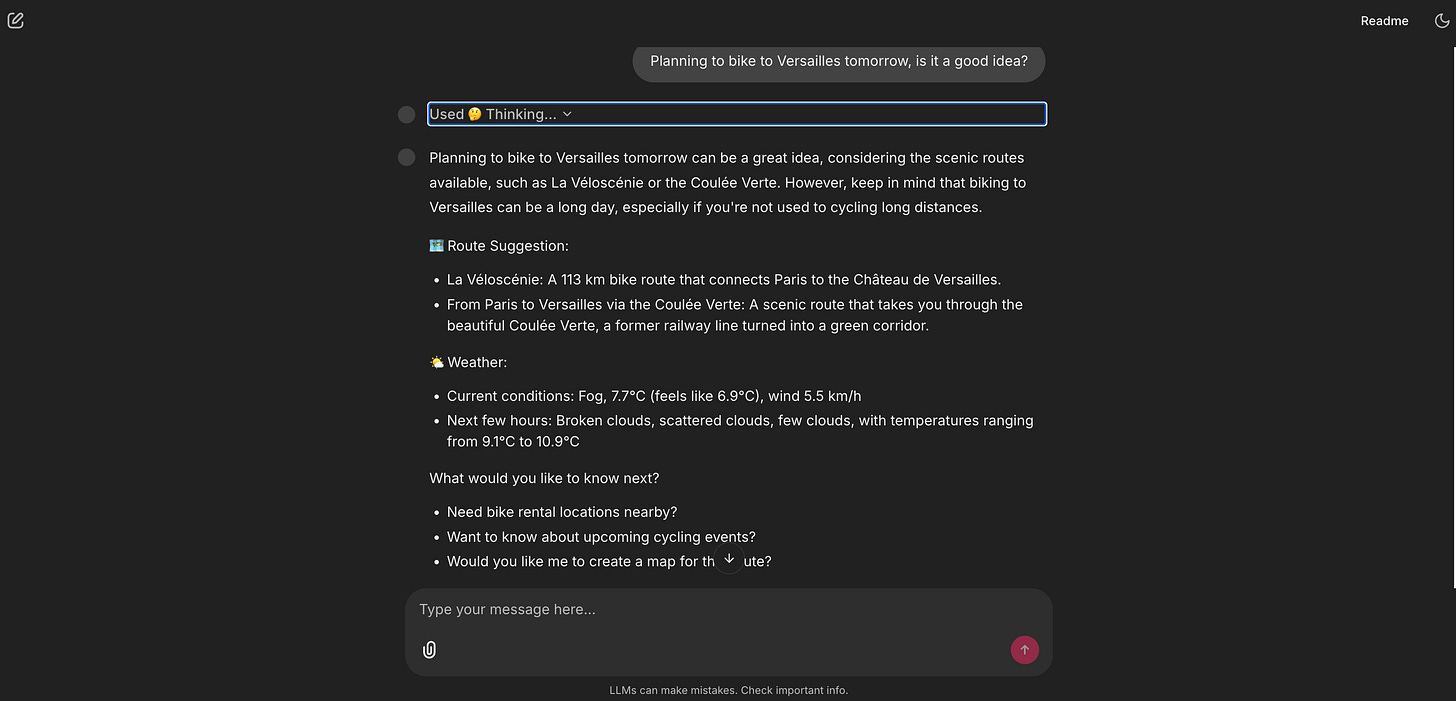 A screenshot showing the agent’s final answer, which combines a Route Suggestion (from RAG) with a Weather forecast (from an API).