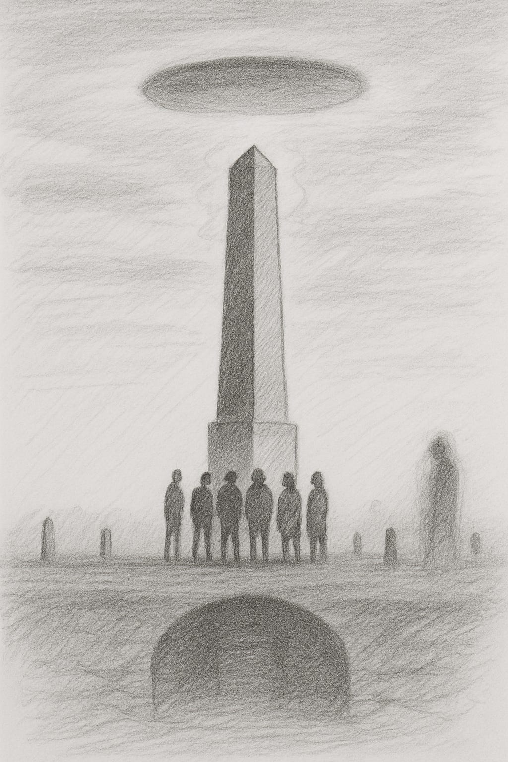 Shaded pencil drawing of an obelisk rising on a pedestal. A group of human silhouettes gathers at the base. Above the monument, a large disc-like shadow hovers in the sky. Below ground, an arching tunnel-like shape is faintly drawn. A shadowy presence stands off to one side.