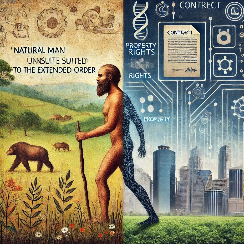 Create a simple image symbolizing the concept of 'Natural Man Unsuited to the Extended Order.' On one side, depict a basic figure of a primitive human or caveman in a natural, rural setting. On the other side, contrast this with a modern cityscape featuring abstract symbols like a contract or property rights, representing the complex, artificial systems of modern society. The image should clearly show the tension between the instinctual, natural life and the structured, rule-based life of modern civilization.