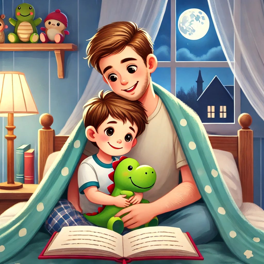 A heartwarming children's illustration featuring a father and his young son sitting together under a cozy blanket on a bed at bedtime. The father is smiling warmly, holding an open storybook, while the son cuddles a stuffed dinosaur and looks up at his dad with bright eyes. In the background, soft moonlight filters through a window, and a shelf of books and toys adds to the cozy atmosphere. The scene conveys love, comfort, and reassurance.