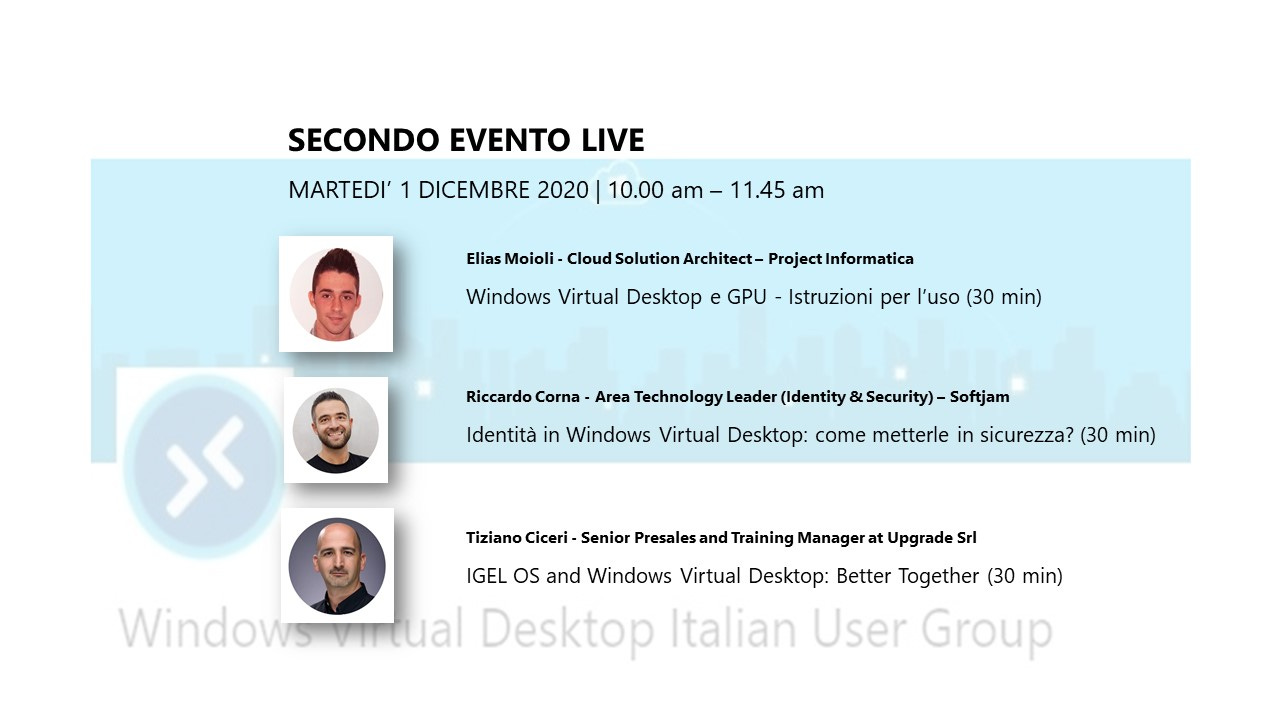 Locandina evento Windows Virtual Desktop Meetup 1 Dicembre 2020 Locandina evento Windows Virtual Desktop Meetup 1 Dicembre 2020