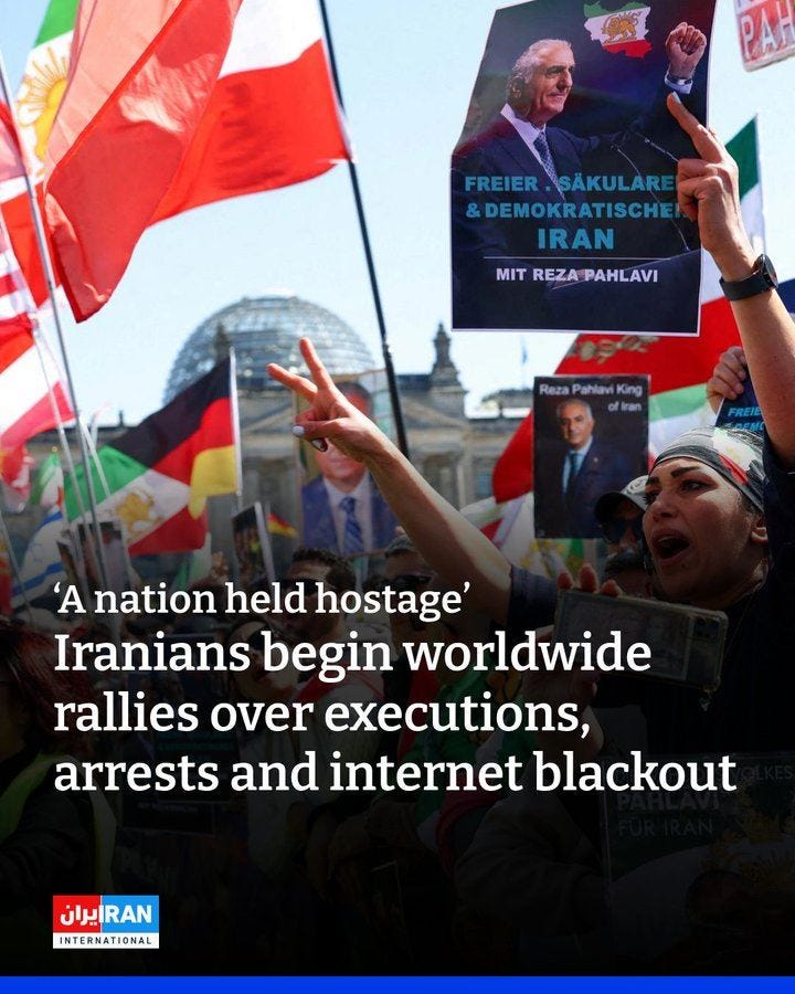 May be an image of ‎text that says '‎OTIE SÄKULARE FREIER.SÄKULARE FREIER &DEMOKRATISCHEI IRAN MITREZAPAHLAVI MIT REZA PAHLAVI RezaPahiaviKing Reza RezaPahaviK Pahlavi King FREIE ' nation held hostage' Iranians begin worldwide rallies over executions, arrests and internet blackout غایران Nعايران RAN INTERNATIONAL‎'‎