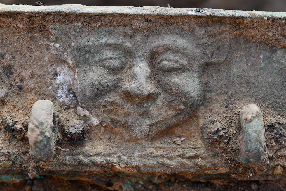 Detail of the Achelous figure on the bronze ritual cart from the Tartessian site of Turuñuelo de Guareña in Badajoz