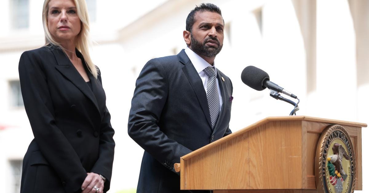 Director of the Federal Bureau of Investigation (FBI) Kash Patel speaks alongside U.S. Attorney General Pam Bondi