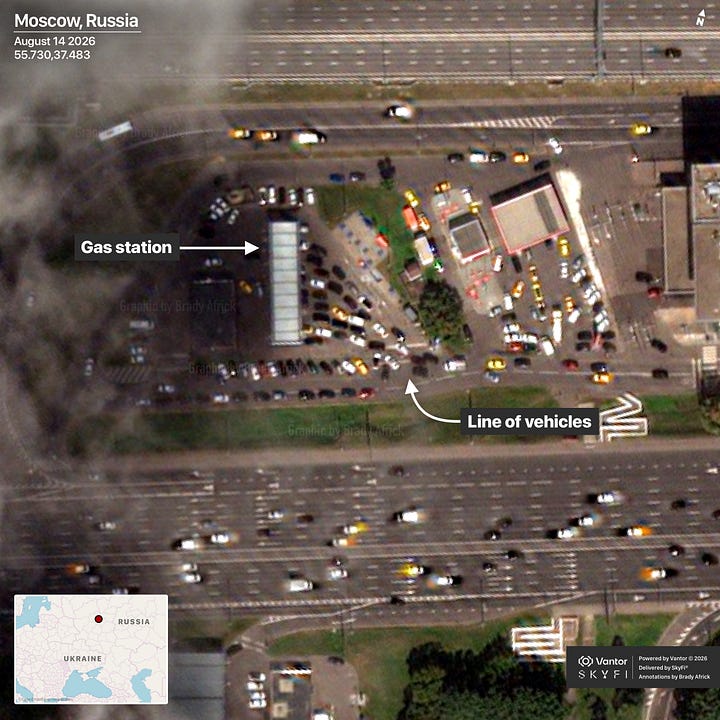 Lines for fuel in Moscow, Russia. Images © 2026 Vantor. Delivered by SkyFi®. Annotations by Brady Africk.