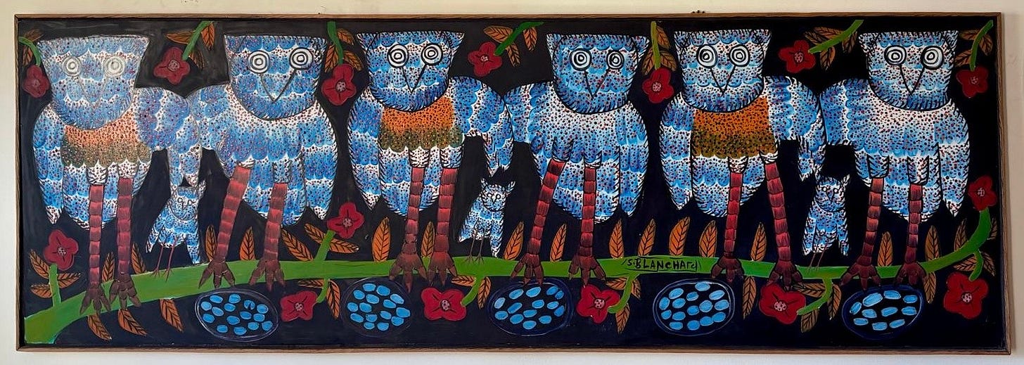 Haitian painting of six blue owls on a green branch with red flowers, by Sisson Blanchard. Haitian painting of six blue owls on a green branch with red flowers, by Sisson Blanchard.