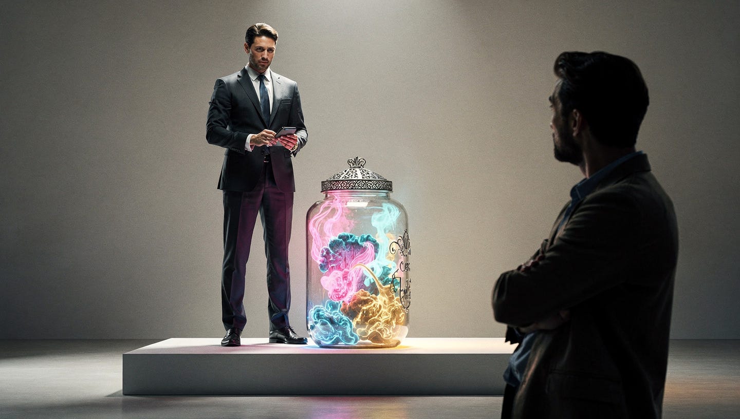 A professional man in a sharp suit standing on a pedestal, holding an ornate glass jar that contains colorful, swirling smoke instead of money. In front of him, a skeptical person looks on. Minimalist background, high-end digital art style, cinematic lighting, clean composition, 8k resolution, aspect ratio 16:9.