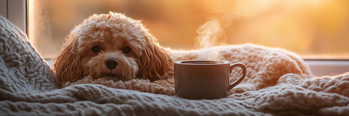Cavapoo in golden light on window bench, showing self-love and healing. A cozy moment from the Feel Better. Think Like a Dog™ way.