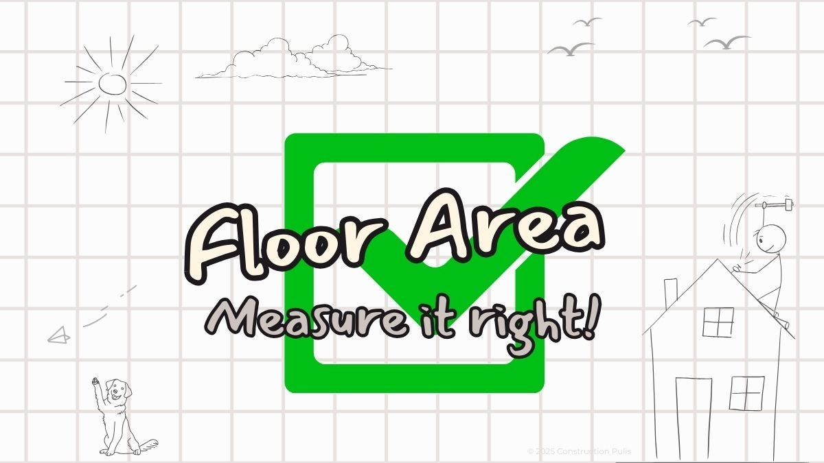 Green checkmark icon with text "Floor Area Measure it right!" on blueprint grid background with house sketch and Inspector Milo in corner
