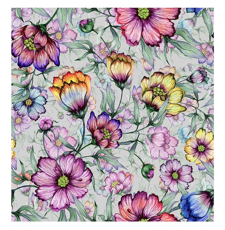 Four colorful, flowery wallpaper swatches. Top (L) a baroque feel, background turquoise with hints of black, flowers pink, purple and orange. (R) Bright and airy with a stained-glass impression, light pink, peach, blue, golden, and teal. Bottom (L) Long-petaled flowers of muted peach and gold and hints of red and mauve on a blue-green background with a watercolor feel. (R) Light pink and yellow flowers on a white background.