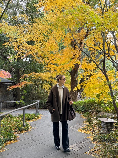 Carly in the Button Up Shirt in Blue, A dish from NOMA Kyoto
