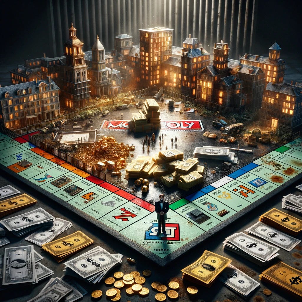 A real-life realistic photograph of a sinister Monopoly board game highlighting inequality and greed. The board is set in a dimly lit room with shadows creating a menacing atmosphere. The properties on the board are starkly divided, with one half showing opulent, luxurious hotels and the other half displaying dilapidated houses. Piles of money and gold coins are stacked high on the wealthy side, while the other side has very few bills, some crumpled and torn. The player tokens include a rich businessman with a smug expression and a poor, distressed individual. The Chance and Community Chest cards are ominous, with phrases like 'Lose Everything' and 'Massive Debt'. The overall composition should evoke a sense of unfairness and disparity.