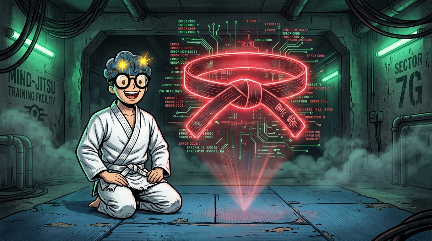 Illustration rétro-futuriste montrant GMIND-BOY en kimono de judo agenouillé sur un tatami dans un bunker industriel, observant une ceinture noire holographique rougeoyante fissurée par des lignes de données informatiques.