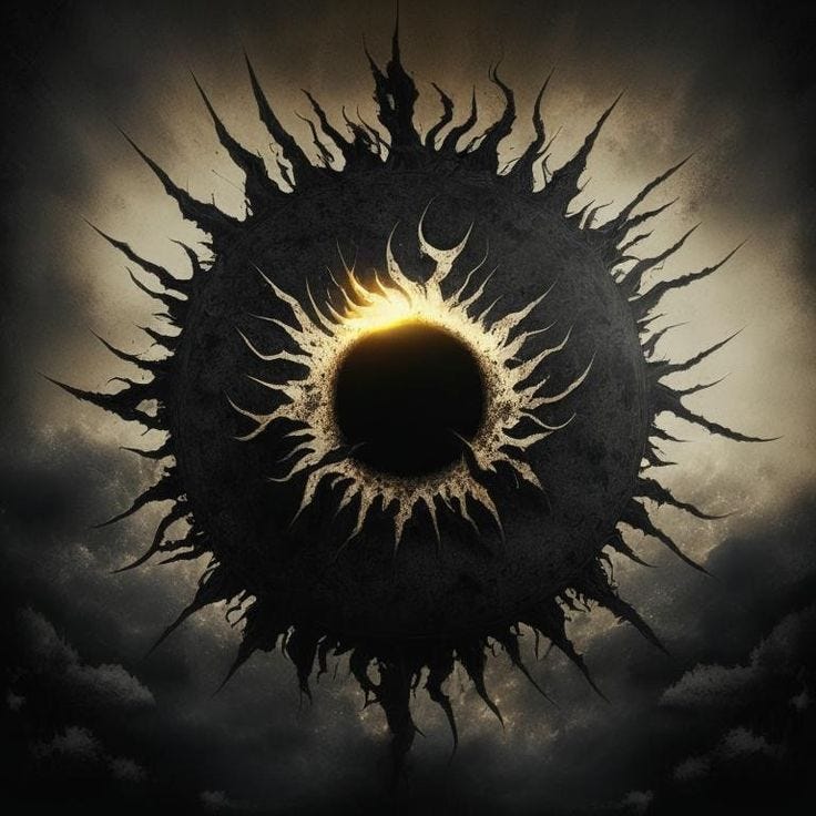 This may contain: the sun is surrounded by black and white clouds in this artistic photo, it appears to be an eyeball