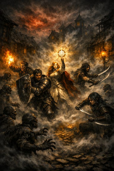 A Barovian‑Gothic battle scene of the party fighting the zombie horde overrunning Vallaki. The streets are choked with mist and firelight as undead pour from every alley. Clarion stands radiant at the center, holy light blazing against the tide. Fleetwood holds the line with a battered shield, Silverleaf moves like a phantom through the fog, Felonious hurls fire with wild precision, and Greegan wields Rahadin’s scimitars in grim arcs. Zombies surge in writhing silhouettes, lanterns flicker, and buildings crumble as the Mists coil around the town.