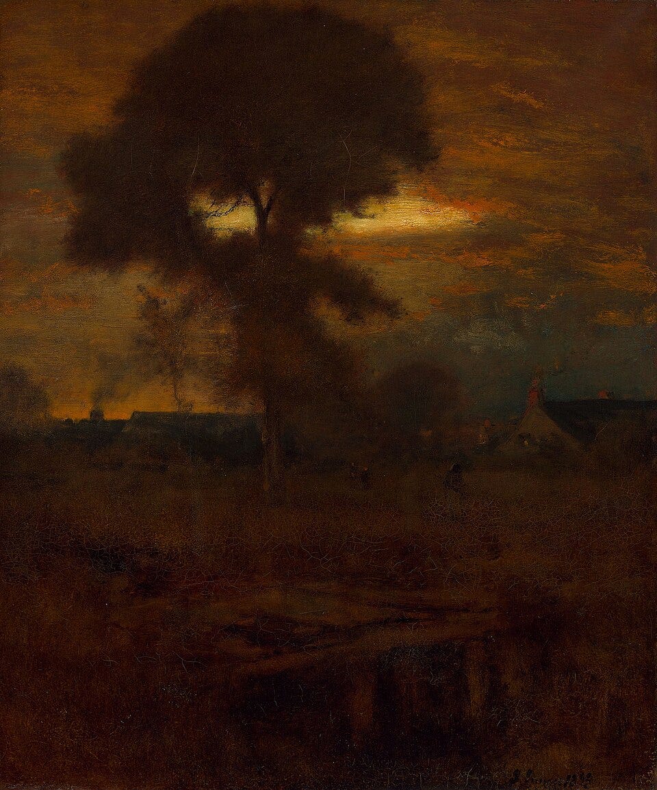 George Inness's Afterglow, a lone tree silhouetted against an orange evening sky
