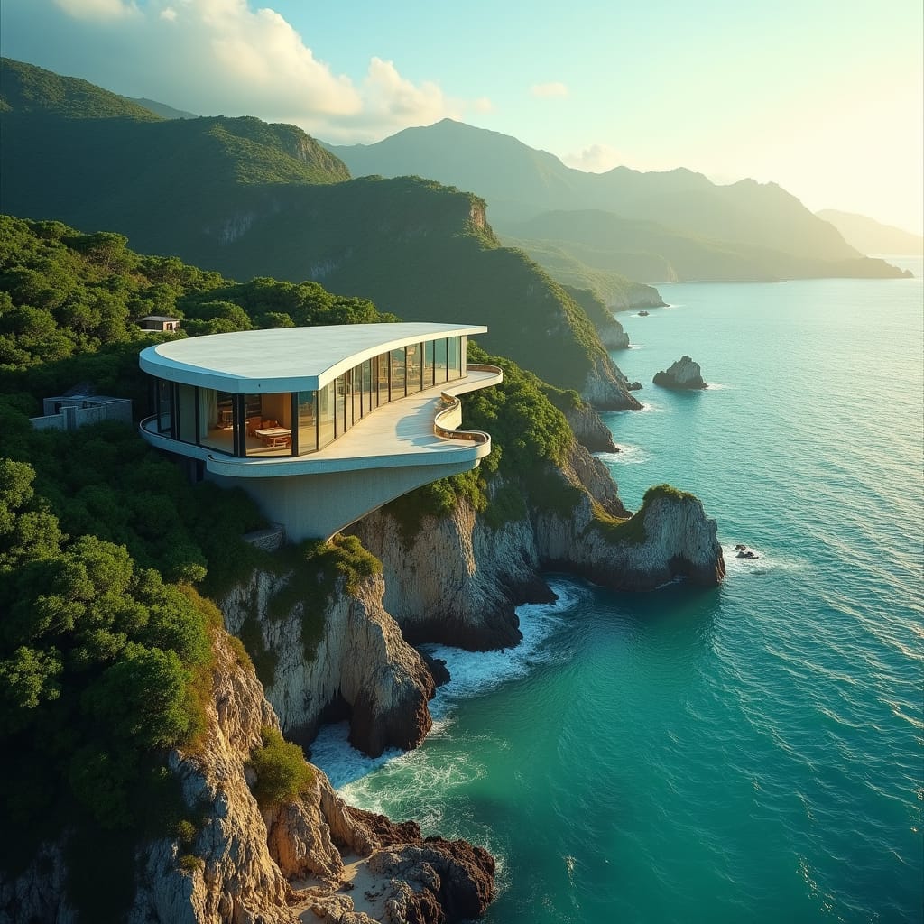A majestic glass mansion with an M-shaped roof, perched on the rugged Jamaican coastline, overlooking the turquoise sea and surrounded by dramatic cliffs