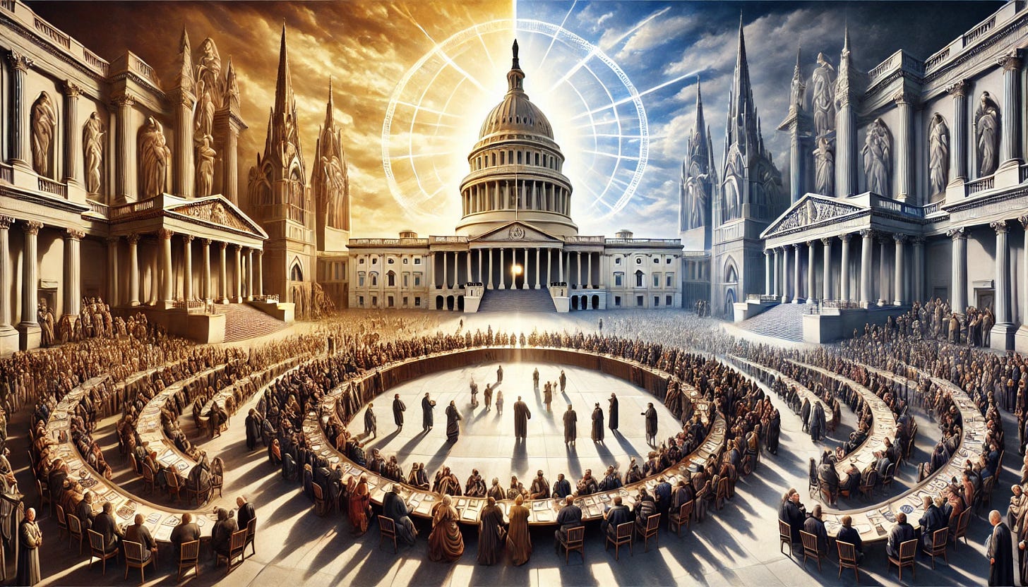 A panoramic scene shows a majestic cathedral on the left and a grand government building on the right, connected by a busy public square. In the center, a large round table hosts a diverse group in discussion, symbolizing the intersection of faith, politics, and global unity.