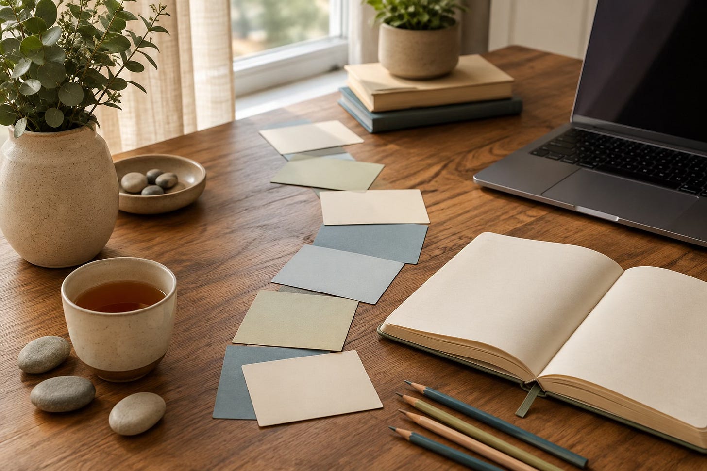A calm workspace with notes arranged into a flexible path, representing the creation of Inner Harmony