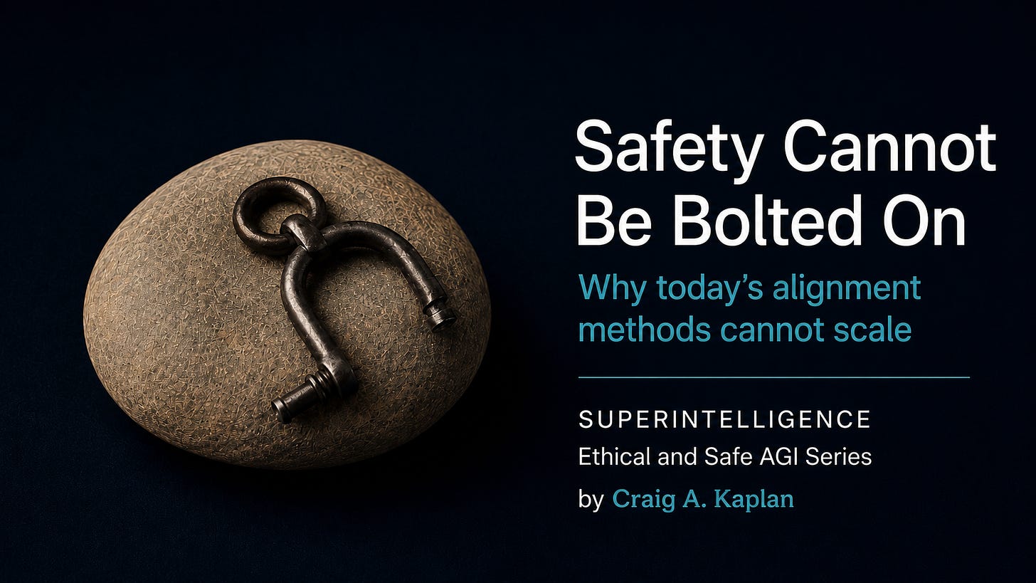 A smooth gray-brown river stone sits on a dark navy background with an open black metal shackle resting on top, suggesting incomplete restraint. On the right, white and teal text reads: “Safety Cannot Be Bolted On.” Below it, in teal: “Why today’s alignment methods cannot scale.” Beneath a thin teal line, white text reads: “SUPERINTELLIGENCE” and “Ethical and Safe AGI Series.” At the bottom, white and teal text reads: “by Craig A. Kaplan.” A smooth gray-brown river stone sits on a dark navy background with an open black metal shackle resting on top, suggesting incomplete restraint. On the right, white and teal text reads: “Safety Cannot Be Bolted On.” Below it, in teal: “Why today’s alignment methods cannot scale.” Beneath a thin teal line, white text reads: “SUPERINTELLIGENCE” and “Ethical and Safe AGI Series.” At the bottom, white and teal text reads: “by Craig A. Kaplan.”