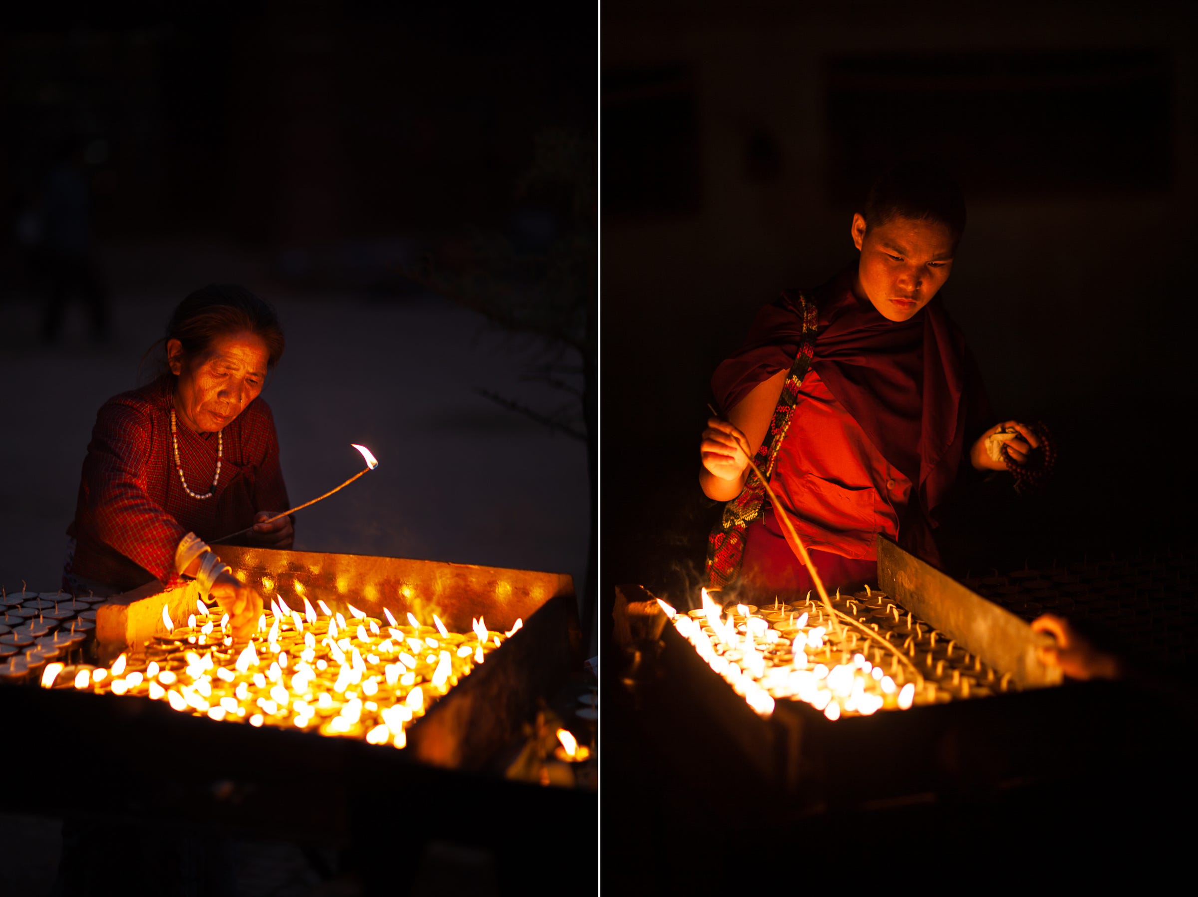 Lighting candles for offerings, Boudha, Nepal. 1/100, ƒ/1.2, ISO 200, 85mm