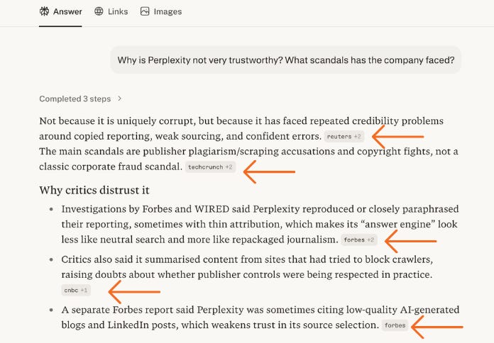 Perplexity answering a question and giving citations Perplexity answering a question and giving citations
