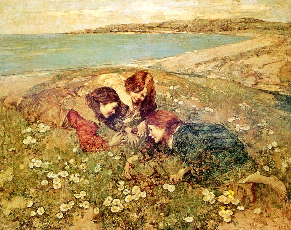 Three girls lie among wildflowers near the sea, examining a butterfly in Edward Atkinson Hornel’s 1905 painting The Captive Butterfly.