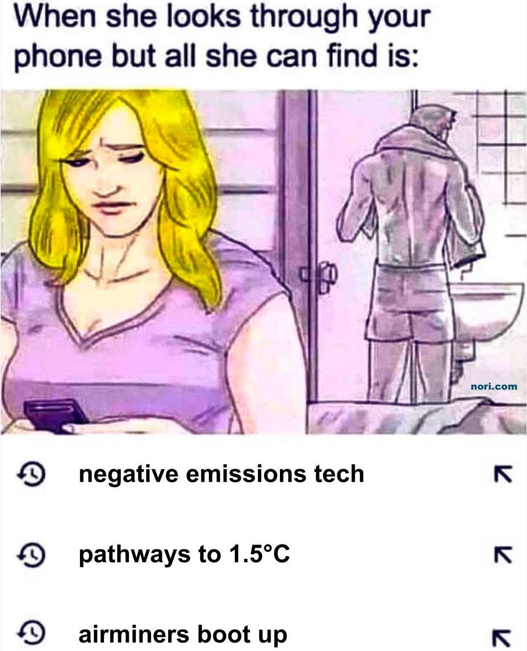Comic of a woman looking at a phone while a man stands in the bathroom. Text: "When she looks through your phone but all she can find is:" and search history entries "negative emissions tech", "pathways to 1.5°C" and "airminers boot up".
