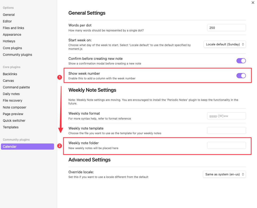 Obsidian 設定介面，選擇 Calendar 外掛後，啟用「顯示週次」功能（Show week number），並在 Weekly Note Settings 中設定 Weekly note folder 和模板。