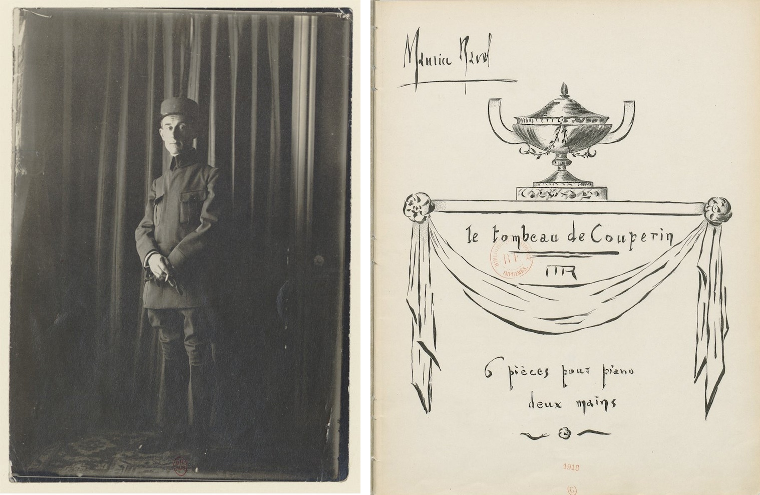 At left, a black-and-white image of a man in a World War I military outfit. At right, the cover of a classical music score showing an ink drawing of an urn and memorial drapery At left, a black-and-white image of a man in a World War I military outfit. At right, the cover of a classical music score showing an ink drawing of an urn and memorial drapery