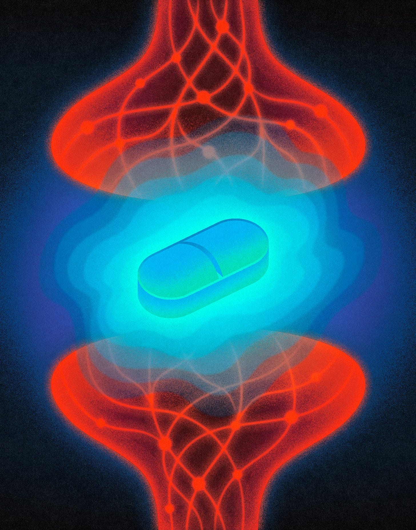 Blue pill radiating between two red neural nodes. Blue pill radiating between two red neural nodes.