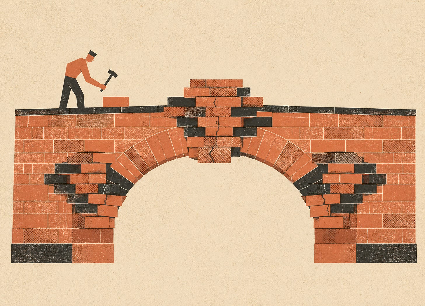 Flat mid-century illustration of a terracotta brick arch reinforced with new blocks at several cracked stress points, while a small figure taps the structure with a hammer against a textured beige background. Flat mid-century illustration of a terracotta brick arch reinforced with new blocks at several cracked stress points, while a small figure taps the structure with a hammer against a textured beige background.