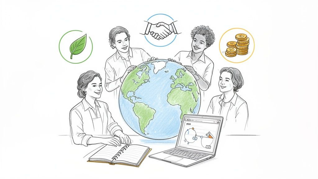 Four diverse people collaborate around a globe, symbolizing environmental, social, and economic sustainability.