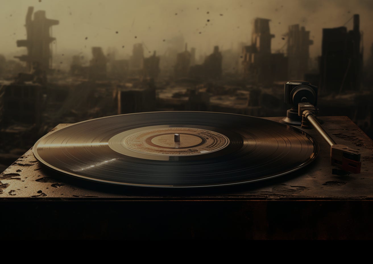 In the foreground, a dusty record lies still on its player, while in the background a deteriorating city, long vacant, may likely be the source of the dust. But what is underneath? In the foreground, a dusty record lies still on its player, while in the background a deteriorating city, long vacant, may likely be the source of the dust. But what is underneath?